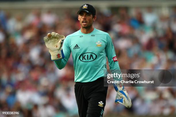 Ben Foakes of Surrey during the Vitality Blast match between Surrey and Kent Spitfires at The Kia Oval on July 6, 2018 in London, England.