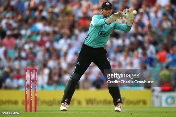 Ben Foakes of Surrey during the Vitality Blast match between Surrey and Kent Spitfires at The Kia Oval on July 6, 2018 in London, England.