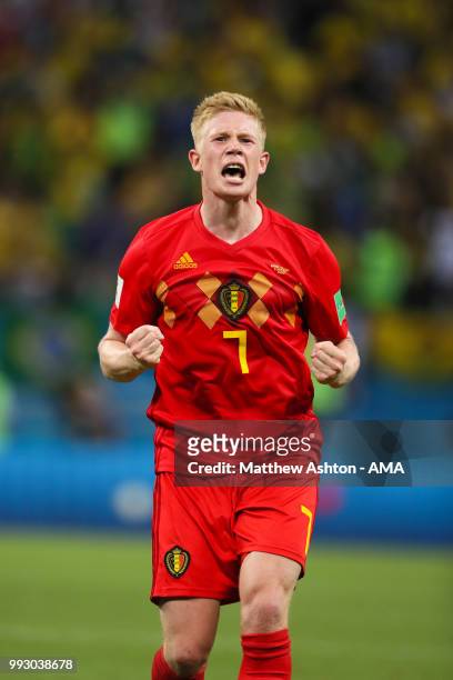 Kevin De Bruyne of Belgium celebrates at the end of the 2018 FIFA World Cup Russia Quarter Final match between Brazil and Belgium at Kazan Arena on...