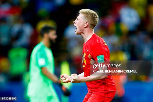 Belgium's midfielder Kevin De Bruyne celebrates at the end of the Russia 2018 World Cup quarter-final football match between Brazil and Belgium at...