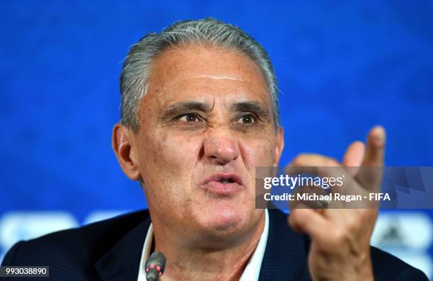 Tite, Head coach of Brazil attends the post match press conference following the 2018 FIFA World Cup Russia Quarter Final match between Brazil and...