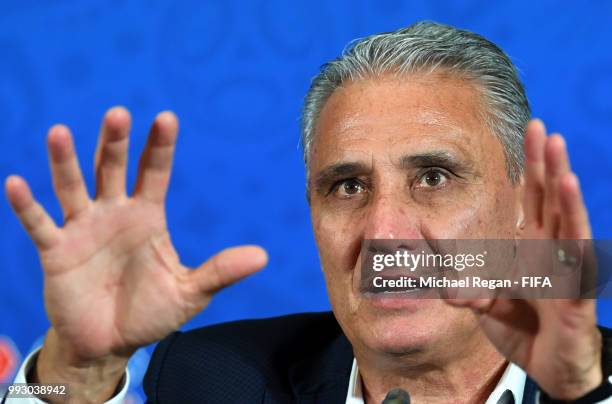 Tite, Head coach of Brazil attends the post match press conference following the 2018 FIFA World Cup Russia Quarter Final match between Brazil and...