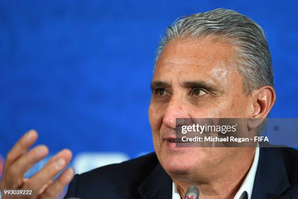 Tite, Head coach of Brazil attends the post match press conference following the 2018 FIFA World Cup Russia Quarter Final match between Brazil and...