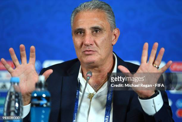 Tite, Head coach of Brazil attends the post match press conference following the 2018 FIFA World Cup Russia Quarter Final match between Brazil and...