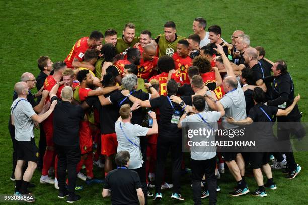 Belgium national team celebrate their win at the end of the Russia 2018 World Cup quarter-final football match between Brazil and Belgium at the...