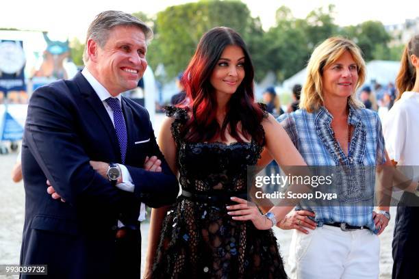 Virginie Couperie Eiffel, Aishwarya Rai and Juan Carlos Capelli the Longines Eiffel Challenge at Champ de Mars on July 6, 2018 in Paris, France.