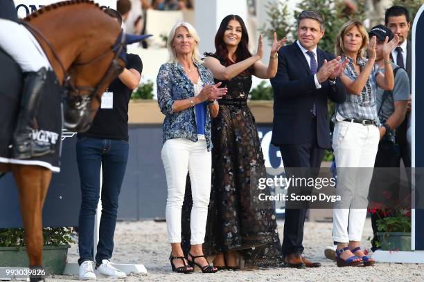 Virginie Couperie Eiffel, Aishwarya Rai and Juan Carlos Capelli during the Longines Eiffel Challenge at Champ de Mars on July 6, 2018 in Paris,...