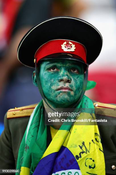 Brazil fan looks dejected after the 2018 FIFA World Cup Russia Quarter Final match between Brazil and Belgium at Kazan Arena on July 6, 2018 in...