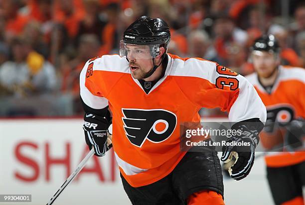 Darroll Powe of the Philadelphia Flyers skates against the Boston Bruins in Game Six of the Eastern Conference Semifinals during the 2010 NHL Stanley...