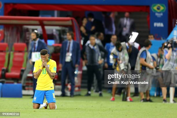 Neymar of Brazil reacts at full time during the 2018 FIFA World Cup Russia Quarter Final match between Brazil and Belgium at Kazan Arena on July 6,...