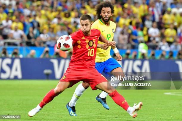 Belgium's forward Eden Hazard vies for the ball with Brazil's defender Marcelo during the Russia 2018 World Cup quarter-final football match between...