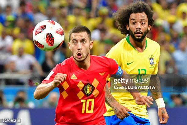 Belgium's forward Eden Hazard vies for the ball with Brazil's defender Marcelo during the Russia 2018 World Cup quarter-final football match between...