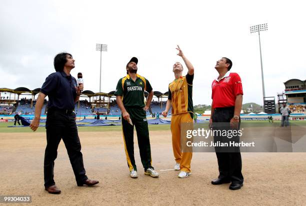 Shahid Afridi of Pakistan looks on as Michael Clarke tosses the coin before the semi final of the ICC World Twenty20 between Australia and Pakistan...