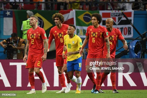 Brazil's forward Neymar gets back to position during the Russia 2018 World Cup quarter-final football match between Brazil and Belgium at the Kazan...