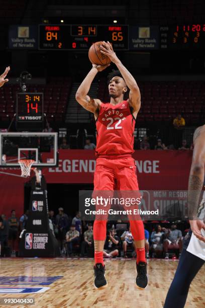 Malachi Richardson of the Toronto Raptors shoots the ball against the New Orleans Pelicans during the 2018 Las Vegas Summer League on July 6, 2018 at...