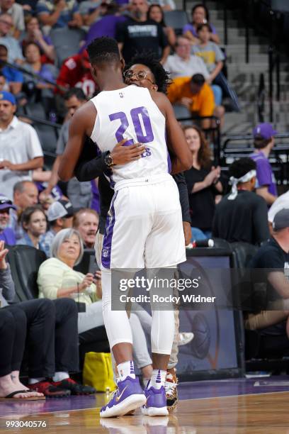 De'Aaron Fox of the Sacramento Kings hugs Harry Giles of the Sacramento Kings during the game against the Miami Heat during the 2018 Summer League at...