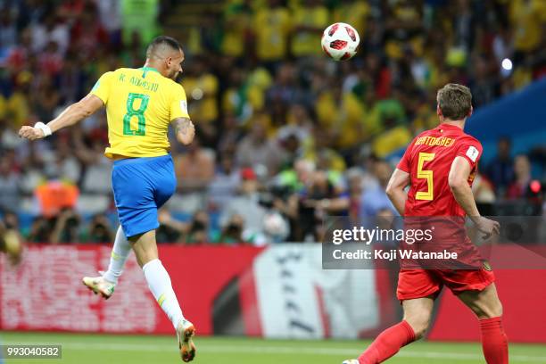 Renato Augusto of Brazil scores his team's first goal during the 2018 FIFA World Cup Russia Quarter Final match between Brazil and Belgium at Kazan...