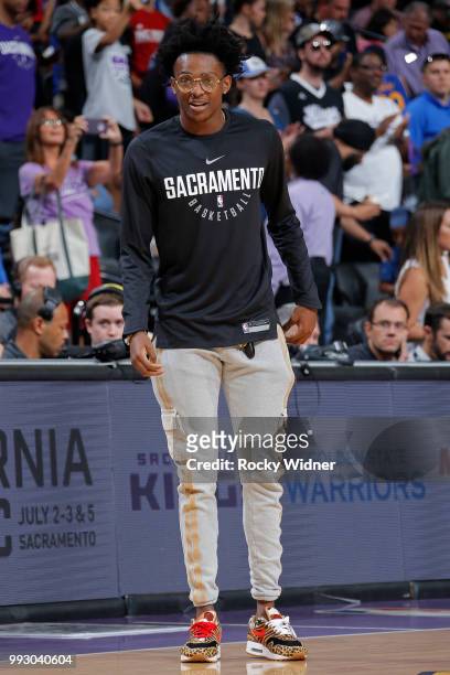 De'Aaron Fox of the Sacramento Kings attends the game between Sacramento Kings and Miami Heat during the 2018 Summer League at the Golden 1 Center on...