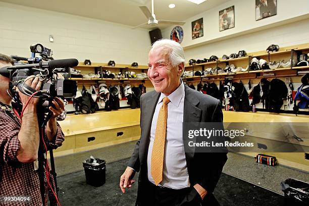 Chairman Ed Snider of the Philadelphia Flyers smiles in the locker room after his team defeated the Boston Bruins 2-1 in Game Six of the Eastern...