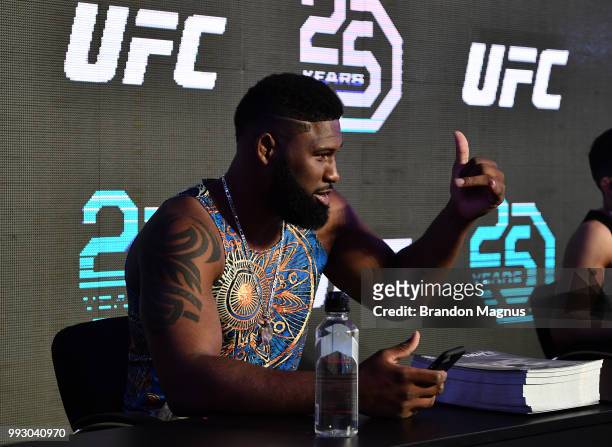 Heavyweight Curtis Blaydes gives a thumbs up to fans during the UFC Fan Experience at the Downtown Las Vegas Events Center on July 6, 2018 in Las...