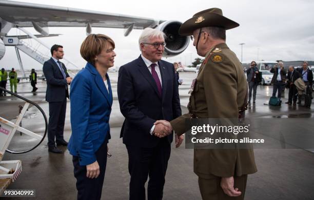 German President Frank-Walter Steinmeier and his wife Elke Buendenbender arrive at the Sydney Airport and are welcomed by Colonel Michael Miller in...