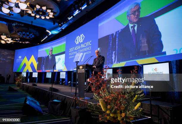 German President Frank-Walter Steinmeier speaks during the 'Asia-Pacific Regional Conference' of the German-Australian Chamber of Industry and...
