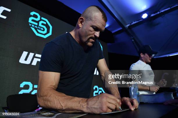 Legend Chuck Liddell signs autographs during the UFC Fan Experience at the Downtown Las Vegas Events Center on July 6, 2018 in Las Vegas, Nevada.