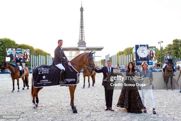 Ben Maher riding Explosion W, Virginie Couperie Eiffel, Aishwarya Rai and Juan Carlos Capelli the Longines Eiffel Challenge at Champ de Mars on July...