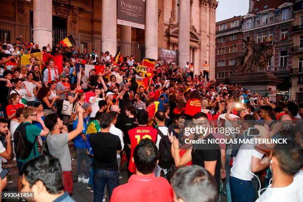 Belgian supporters celebrate after Belgium's victory during the Russia 2018 World Cup quarter-final football match between Brazil and Belgium, in...