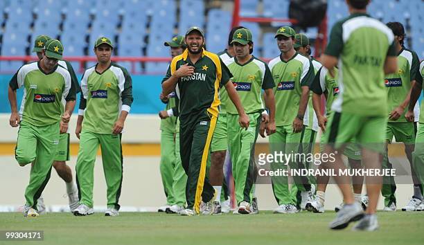 Pakistani cricketer Shahid Afridi alongwith teammates before the start of the ICC World Twenty20 second semifinal match between Australia and...