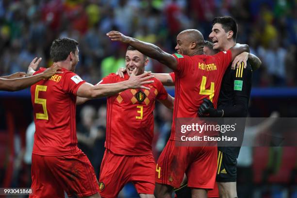 Players of Belgium celebrate their side's 2-1 victory after the 2018 FIFA World Cup Russia Quarter Final match between Winner Game 53 and Winner Game...