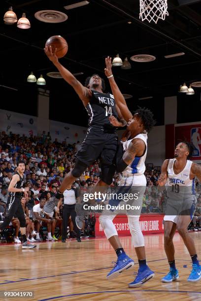 Bryant Crawford of the Brooklyn Nets goes to the basket against the Orlando Magic during the 2018 Las Vegas Summer League on July 6, 2018 at the Cox...