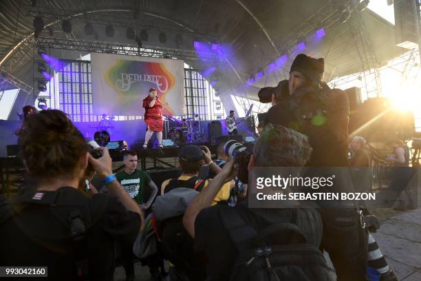 Singer Beth Ditto performs on stage during the 30th Eurockeennes rock music festival on July 6, 2018 in Belfort, eastern France.