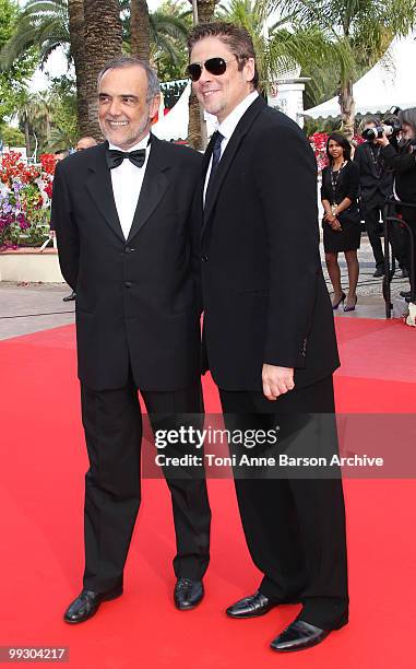 Jurors Alberto Barbera and Benicio Del Toro attend the 'Il Gattopardo' premiere held at the Palais des Festivals during the 63rd Annual International...