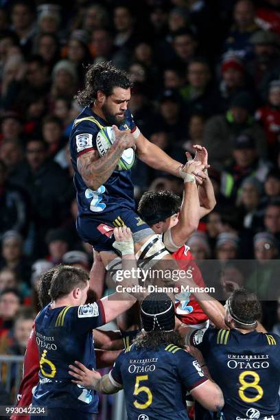 Jackson Hemopo of the Highlanders secures the lineout ball during the round 18 Super Rugby match between the Crusaders and the Highlanders at AMI...