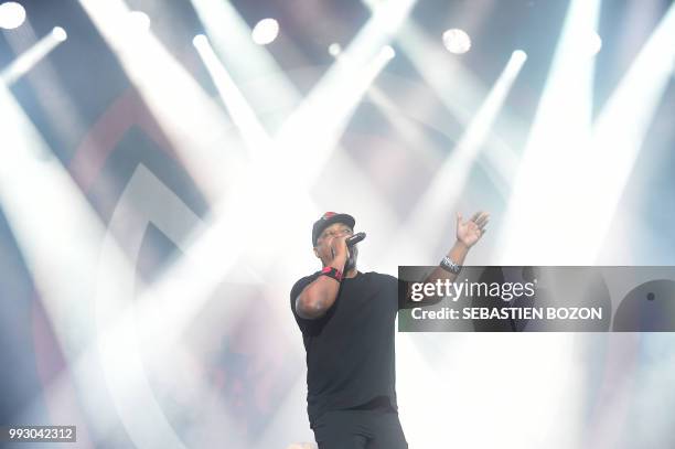 Singer of Prophets of rage band, Chuck-D, performs on stage during the 30th Eurockeennes rock music festival on July 6, 2018 in Belfort, eastern...