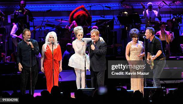 Sting, Debbie Harry, Lady Gaga, Elton John, Dame Shirley Bassey and Bruce Springsteen perform on stage during the Almay concert to celebrate the...