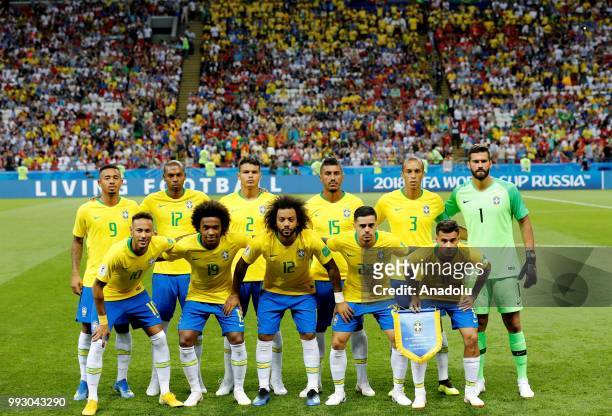 Players of Brazil pose for a photo ahead of the 2018 FIFA World Cup Russia quarter final match between Brazil and Belgium at the Kazan Arena in...