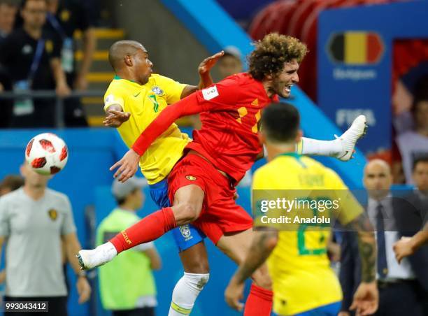 Miranda of Brazil in action against Marouane Fellaini of Belgium during the 2018 FIFA World Cup Russia quarter final match between Brazil and Belgium...