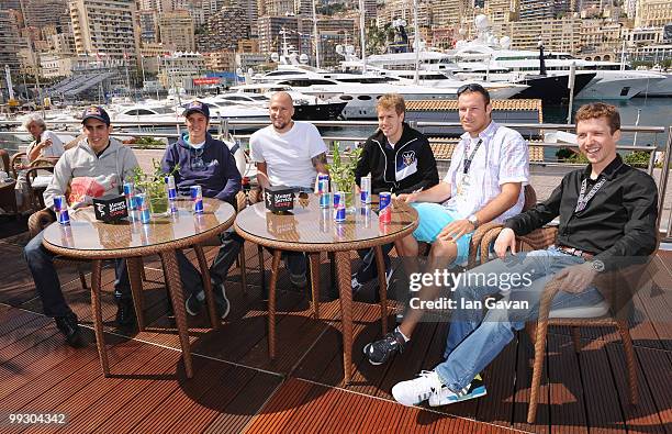 Sebastien Buemi, Gregor Schlierenzauer, Marco Buchel, Sebastian Vettel, Aksel Lund Svindal and Simon Ammann attend the Redbull F1 Energy Station on...