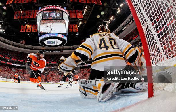 Scott Hartnell of the Philadelphia Flyers sets up for a shot on goal against Tuukka Rask of the Boston Bruins in Game Six of the Eastern Conference...