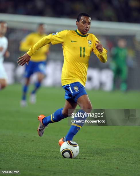 Robinho of Brazil in action during the FIFA World Cup Round of 16 match between Brazil and Chile at Ellis Park on June 28, 2010 in Johannesburg,...
