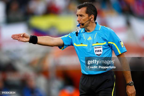 Referee Jorge Larrionda in action during the FIFA World Cup Round of 16 match between Germany and England at the Free State Stadium on June 27, 2010...