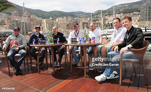 Sebastien Buemi, Gregor Schlierenzauer, Franz Tost, Michael Seidl, Marco Buchel, Aksel Lund Svindal and Simon Ammann atend the Redbull F1 Energy...