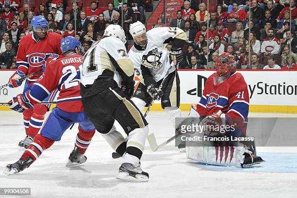 Jaroslav Halak of Montreal Canadiens blovks a shot of Evgeni Malkin of the Pittsburgh Penguins in Game Six of the Eastern Conference Semifinals...
