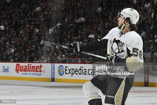Kris Letang of the Pittsburgh Penguins waits for a face off in Game Six of the Eastern Conference Semifinals against the Montreal Canadiens during...