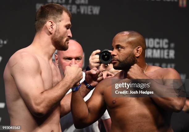 Opponents Stipe Miocic and Daniel Cormier face off during the UFC 226 weigh-in inside T-Mobile Arena on July 6, 2018 in Las Vegas, Nevada.