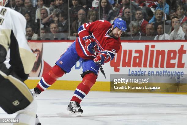 Roman Hamrlik of Montreal Canadiens takes a shot in Game Six of the Eastern Conference Semifinals against the Pittsburgh Penguins during the 2010 NHL...