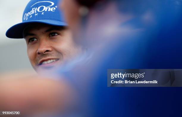 Kyle Larson, driver of the Credit One Bank Chevrolet, during qualifying for the Monster Energy NASCAR Cup Series Coke Zero Sugar 400 at Daytona...