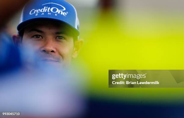 Kyle Larson, driver of the Credit One Bank Chevrolet, during qualifying for the Monster Energy NASCAR Cup Series Coke Zero Sugar 400 at Daytona...